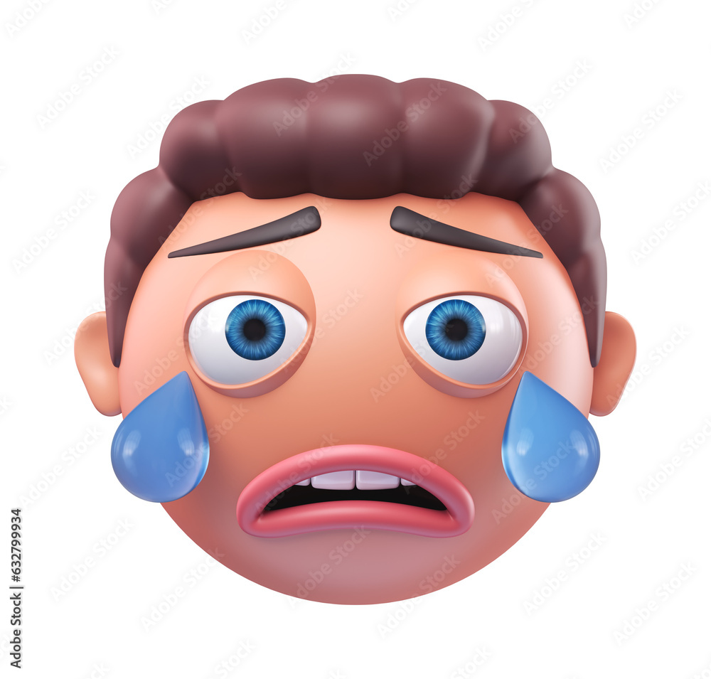 Fototapeta premium Emoji crying face of funny man. Cartoon smiley on transparent background. 3D render front view