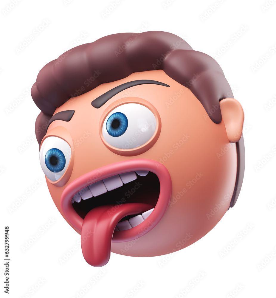 Emoji zany face of funny man. Cartoon smiley on transparent background
