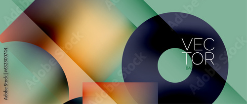 Squares and circles design. Fluid color gradients with metallic effects. Serene synergy of shapes, merging squares and circles into harmonious, captivating design
