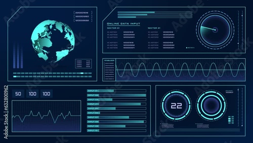 Futuristic motion graphic head up display screen elements, user interface data computer technology