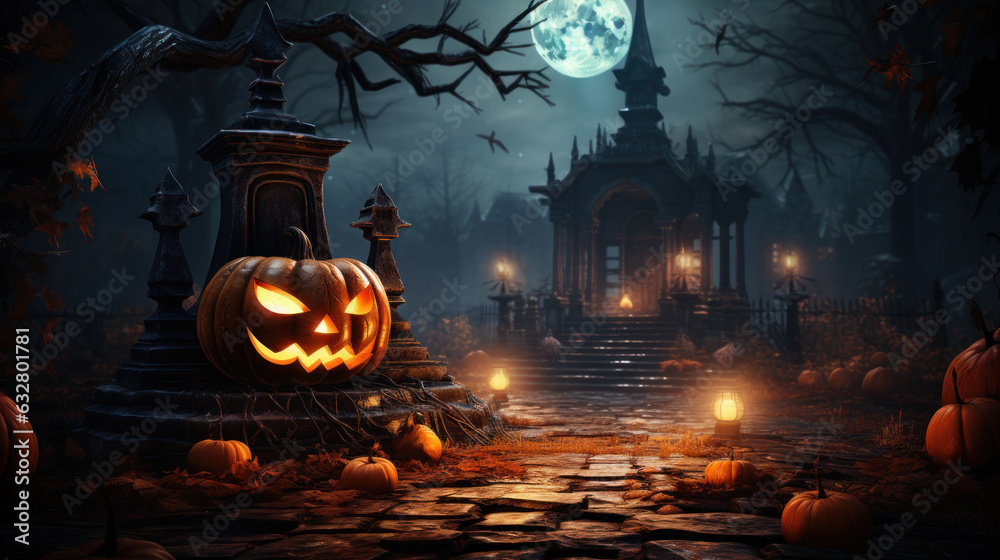 Happy Halloween celebration pumpkin and dark castle with graveyard. Full Moon spooky night mysterious forest darkness scene background. Generative AI Happy Halloween celebration pumpkin and dark castle with graveyard. Full Moon spooky night mysterious forest darkness scene background. Generative AI