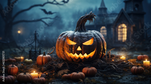 Happy Halloween celebration pumpkin and dark castle with  graveyard. Full Moon spooky night mysterious forest darkness scene background. Generative AI © goku4501