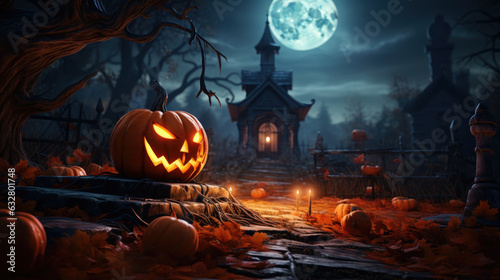 Happy Halloween celebration pumpkin and dark castle with graveyard. Full Moon spooky night mysterious forest darkness scene background. Generative AI