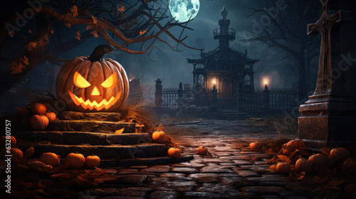 Photographie Happy Halloween celebration pumpkin and dark castle with  graveyard