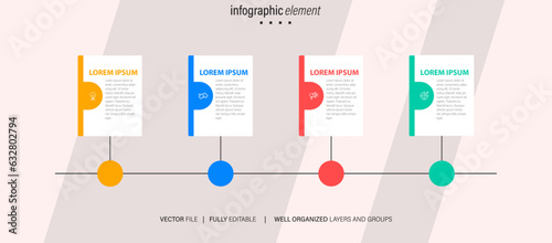 4 list of steps, layout diagram with number of sequence, circular infographic element template