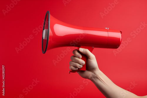 A Red megaphone being held on a red background