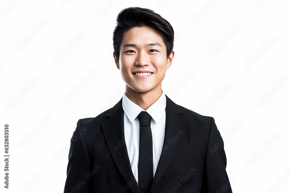 Happy businessman standing Isolated on white background. Portrait of young smiling handsome guy in formal black and white shirt with business suit. Generative AI.