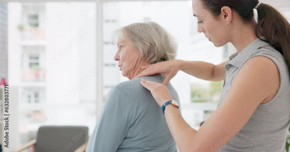 Woman, physiotherapy and rehabilitation for shoulder pain of patient, arthritis support or medical advice. Physiotherapist, senior healthcare assessment and chiropractor check body for healing injury