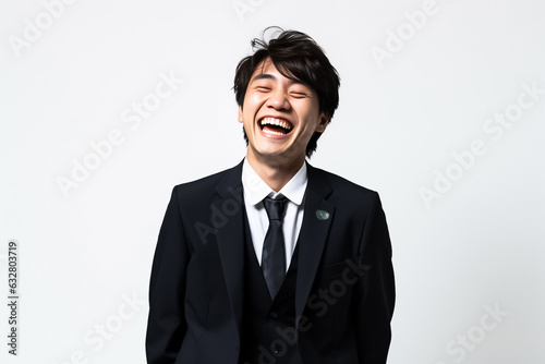 Happy businessman standing Isolated on white background. Portrait of young smiling handsome guy in formal black and white shirt with business suit. Generative AI.