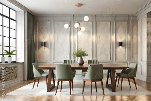 Interior design of modern dining room, Wooden dining tables and chairs near blank beige stucco wall with copy space for text  © CREAM 2.0