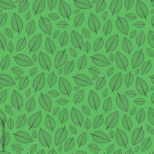 Black outline stylized leaf seamless pattern on green background