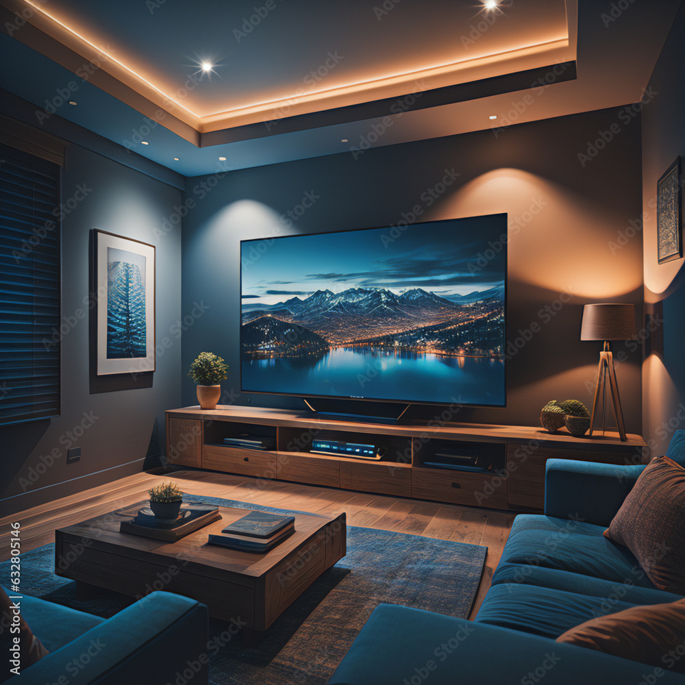 Home cinema, living room with colored LED lighting - Smart home. Big Tv In A Living Room ...