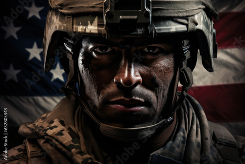 american soldier against dark background american flag