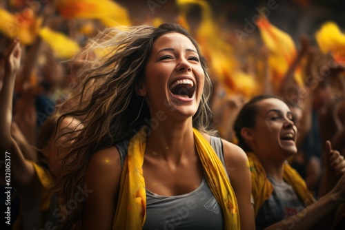 women fans watching soccer in stadium Colombian soccer jersey © omachucam