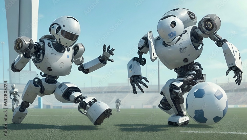 A robotic duo engaged in a heated game of football, their metallic bodies clanging as they battle for the ball.Generative AI, AI art A robotic duo engaged in a heated game of football, their metallic bodies clanging as they battle for the ball.Generative AI, AI art