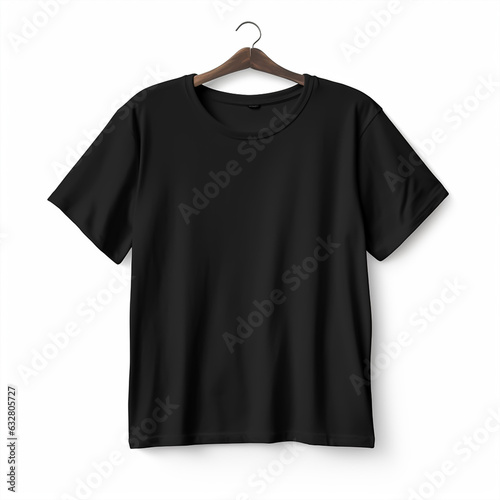Black t-shirt on a hanger on a white background