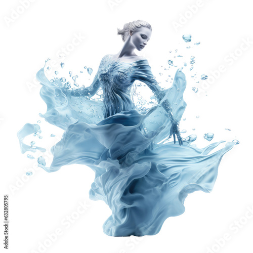 conceptual woman dancing in splashing blue water frozen in an abstract futuristic 3d texture isolated on a transparent background, generative ai © Perfect PNG