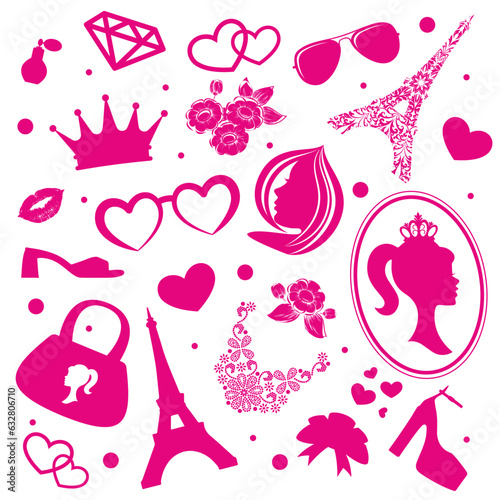 Pink doll accessories silhouettes set