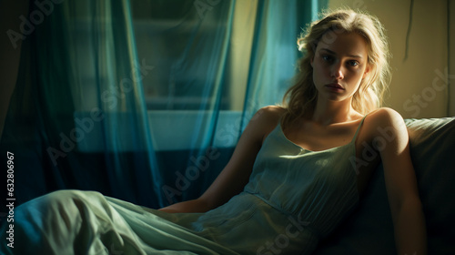 A female model on couch, natural light. Modified generative AI image. © AtoZ Studio