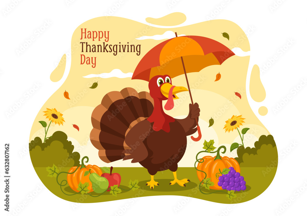 Naklejka premium Happy Thanksgiving Day Vector Illustration with Turkey Bird, Pumpkin, Leaves and Many Others Elements Background Flat Cartoon Hand Drawn Templates
