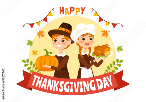 Happy Thanksgiving Day Vector Illustration with Turkey Bird, Pumpkin, Leaves and Many Others Elements Background Flat Cartoon Hand Drawn Templates © denayune