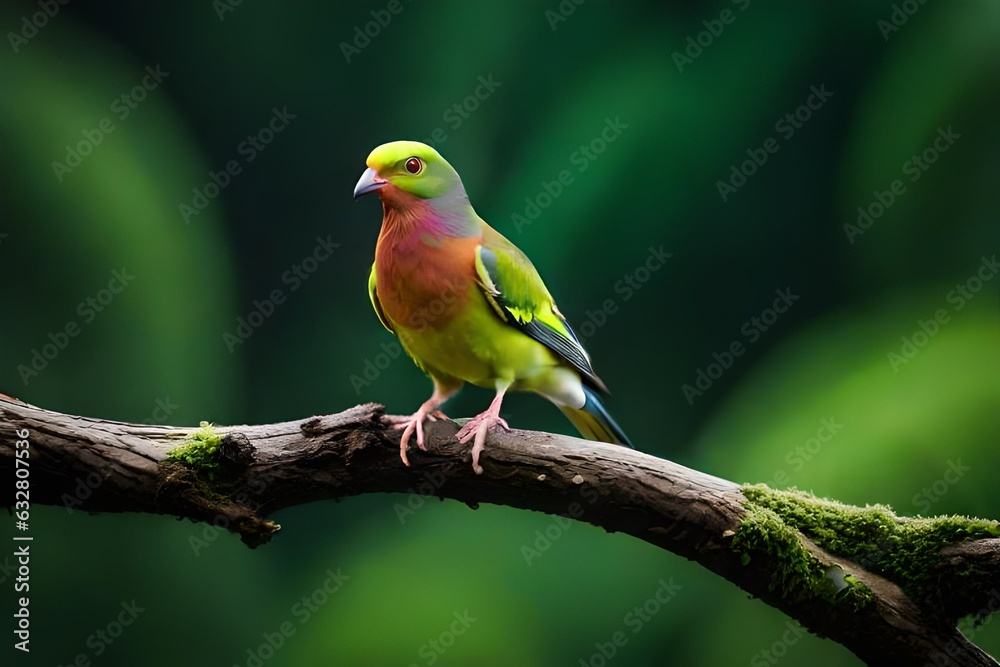 Beautiful green pigeon on a branch in a rainforest generated by AI tool