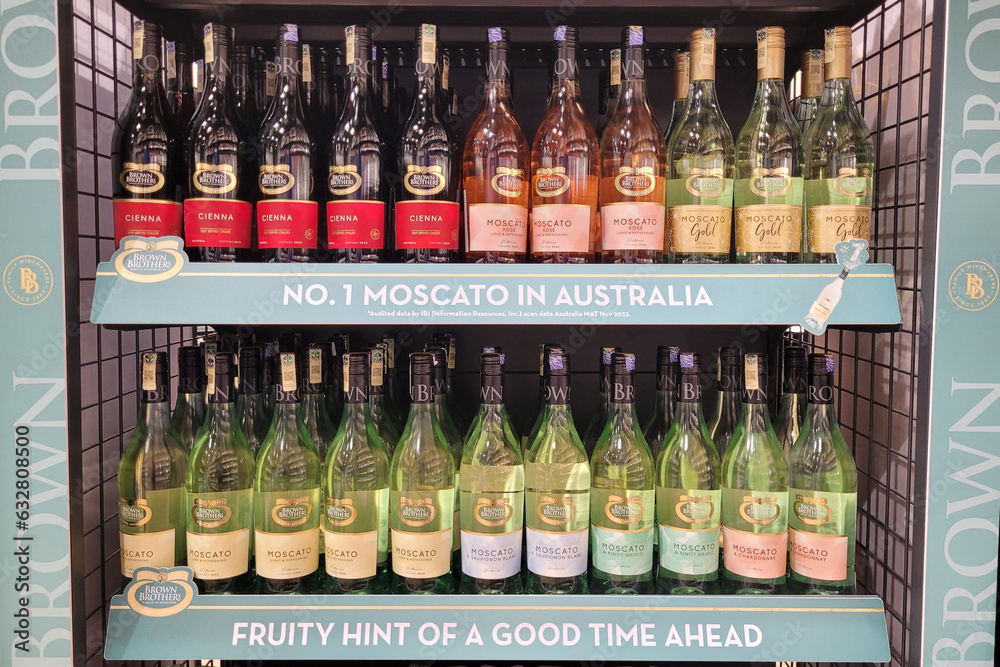 PENANG, MALAYSIA 4 AUG 2023 Wine bottles and liquor display on the