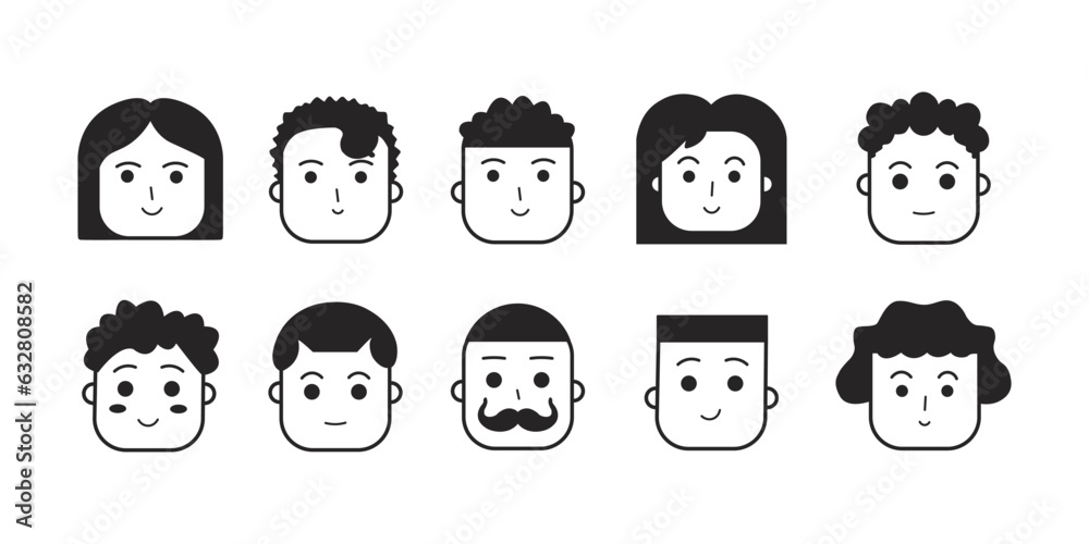 Vector illustration of woman and man characters, facial portraits set. Flat simple doodle style heads with different faces, hair, skin, nationality, races, hairstyle isolated on white background Vector illustration of woman and man characters, facial portraits set. Flat simple doodle style heads with different faces, hair, skin, nationality, races, hairstyle isolated on white background
