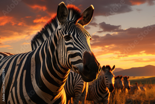 A group of zebras gathering on the prairie near the lake  wide land sun setting on the ai generated.