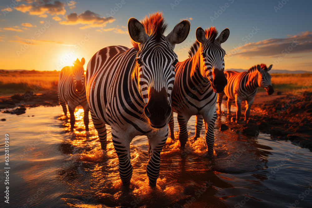 A group of zebras gathering near the lake, wide land, sun setting on the horizon, ai generated. - obrazy, fototapety, plakaty 