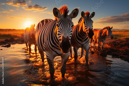 A group of zebras gathering near the lake, wide land, sun setting on the horizon, ai generated.