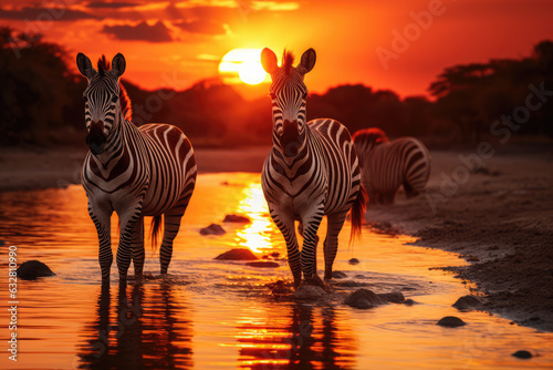A group of zebras gathering near the lake, wide land, sun setting on the horizon, ai generated.