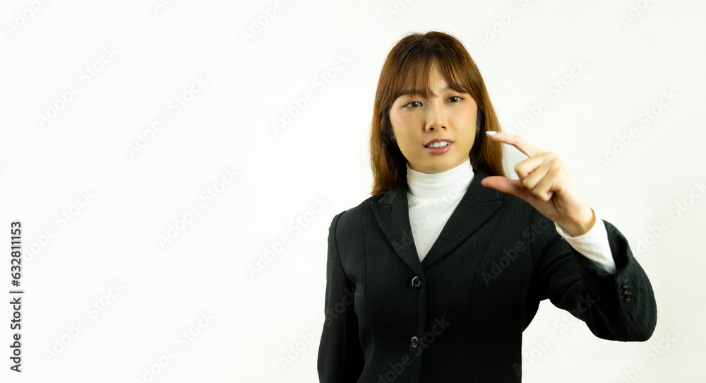 image of business asian woman touching on virtual screen isolated against a white background. business technology concept. image of business asian woman touching on virtual screen isolated against a white background. business technology concept.