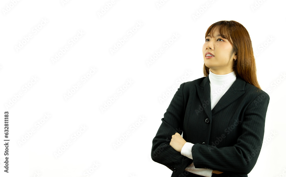 Image of young asian woman, company worker looking at something, standing over white background. business people technology concept. Image of young asian woman, company worker looking at something, standing over white background. business people technology concept.