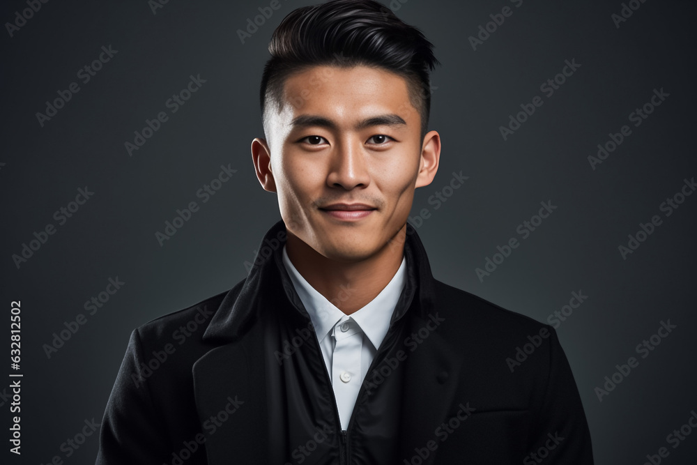 Dark Black tone of businessman standing Isolated on dark background. Portrait of young handsome Asian guy in formal black business suit. Generative AI. Dark Black tone of businessman standing Isolated on dark background. Portrait of young handsome Asian guy in formal black business suit. Generative AI.