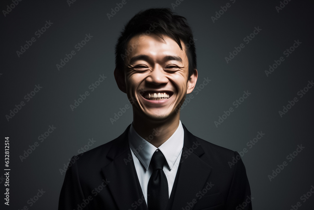 Dark Black tone of businessman standing Isolated on dark background. Portrait of young handsome Asian guy in formal black business suit. Generative AI. Dark Black tone of businessman standing Isolated on dark background. Portrait of young handsome Asian guy in formal black business suit. Generative AI.