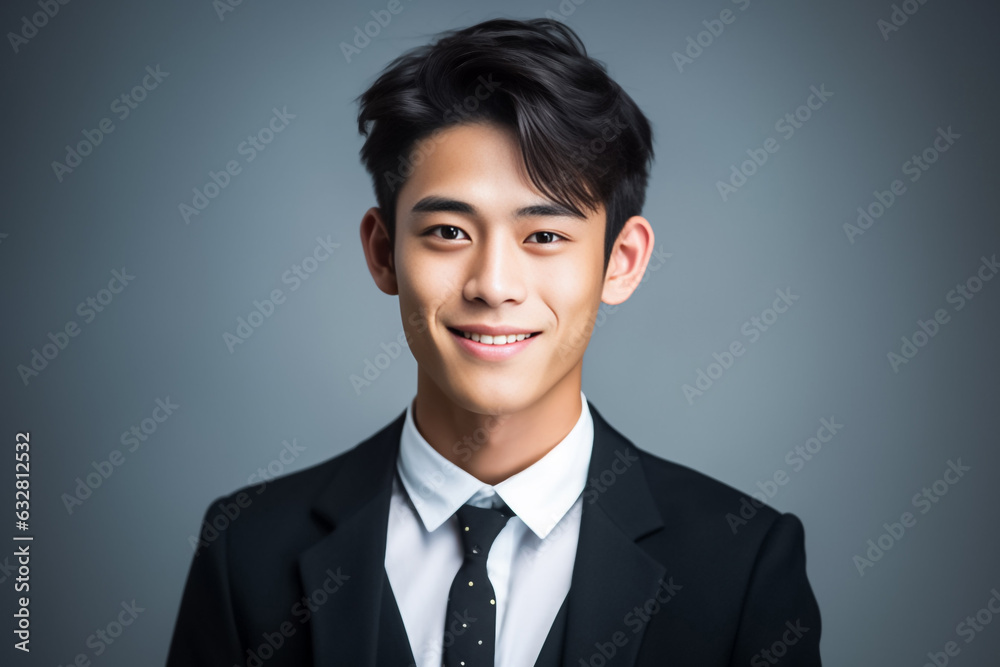 Dark Black tone of businessman standing Isolated on dark background. Portrait of young handsome Asian guy in formal black business suit. Generative AI. Dark Black tone of businessman standing Isolated on dark background. Portrait of young handsome Asian guy in formal black business suit. Generative AI.