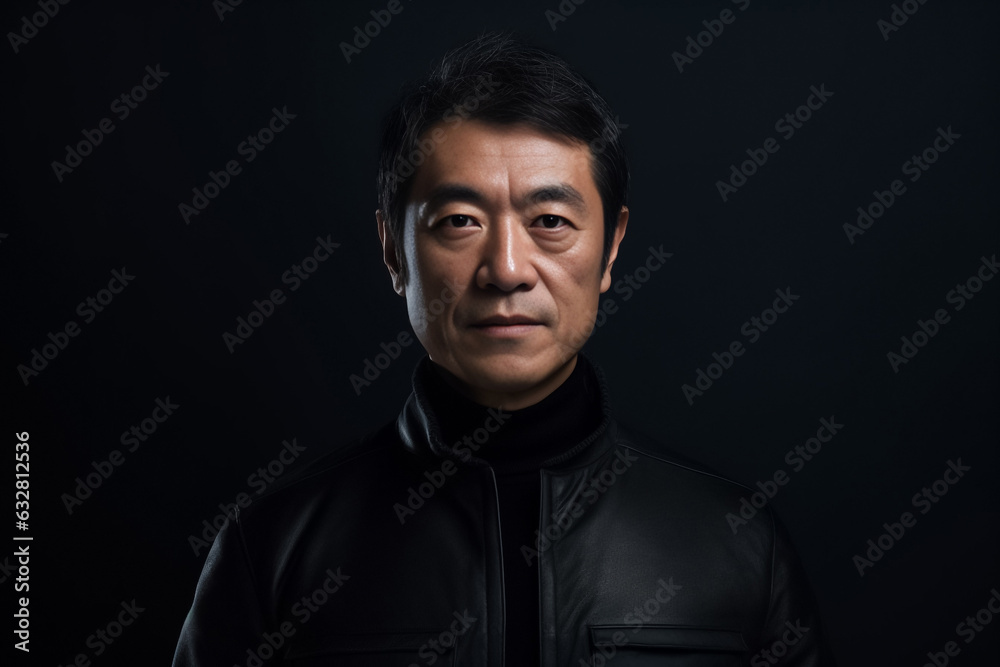 Dark Black tone of businessman standing Isolated on dark background. Portrait of young handsome Asian guy in formal black business suit. Generative AI.