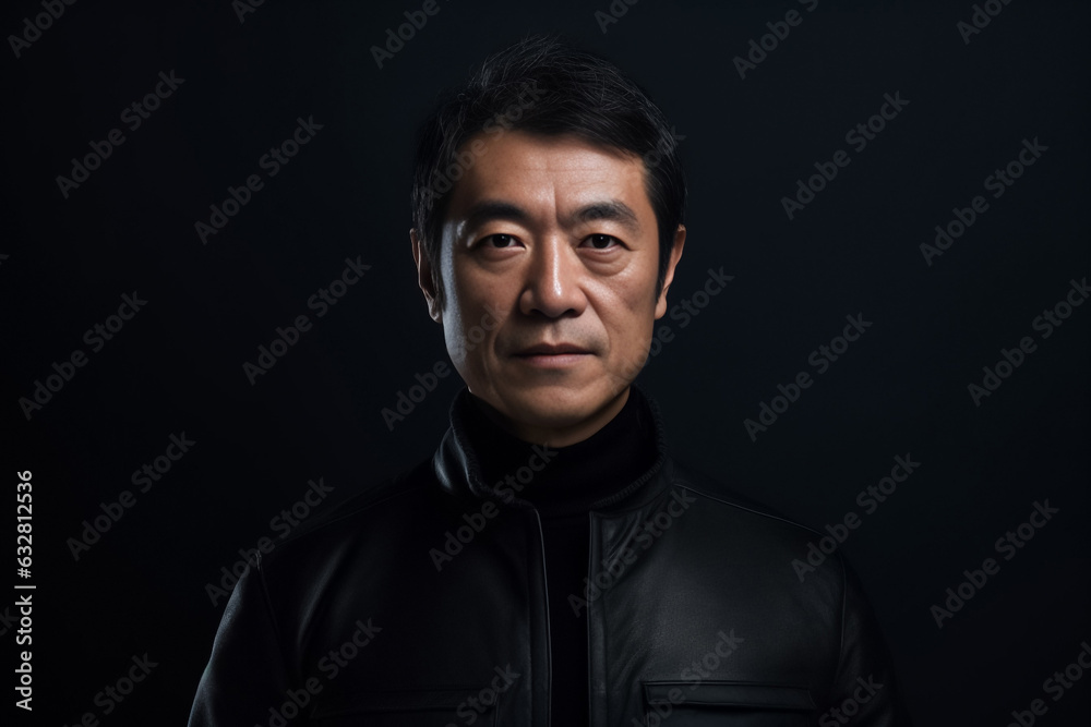 Dark Black tone of businessman standing Isolated on dark background. Portrait of young handsome Asian guy in formal black business suit. Generative AI. Dark Black tone of businessman standing Isolated on dark background. Portrait of young handsome Asian guy in formal black business suit. Generative AI.