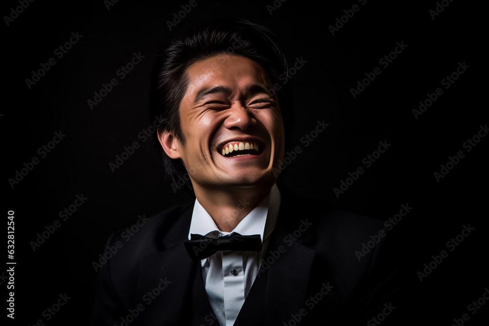 Dark Black tone of businessman standing Isolated on dark background. Portrait of young handsome Asian guy in formal black business suit. Generative AI. Dark Black tone of businessman standing Isolated on dark background. Portrait of young handsome Asian guy in formal black business suit. Generative AI.
