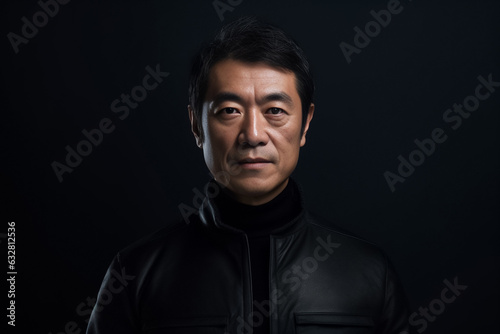 Dark Black tone of businessman standing Isolated on dark background. Portrait of young handsome Asian guy in formal black business suit. Generative AI.