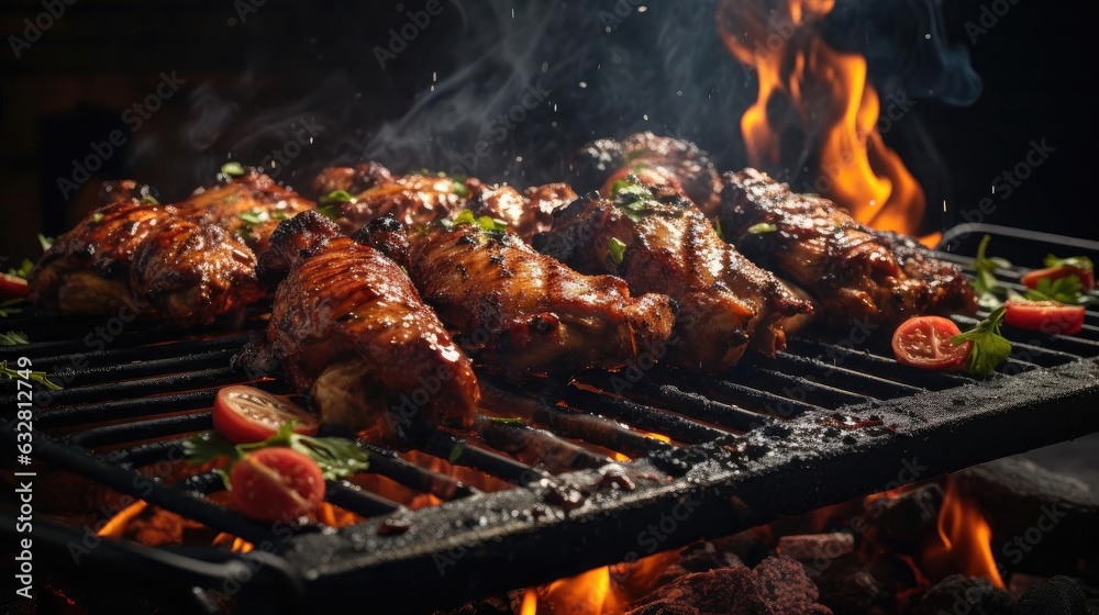 grilled barbeque with melted barbeque sauce and cut vegetables, blur background grilled barbeque with melted barbeque sauce and cut vegetables, blur background