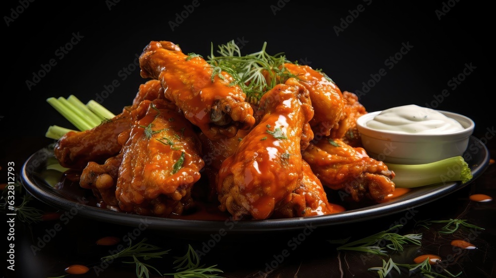 Buffalo wings with melted hot sauce on a wooden table with a blurred background Buffalo wings with melted hot sauce on a wooden table with a blurred background