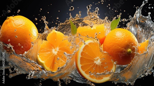 flying fresh orange splashed with water on black background and blur