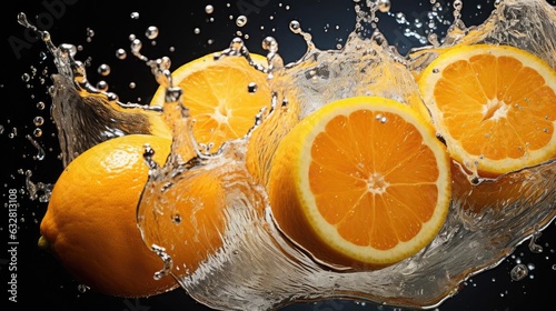 flying fresh orange splashed with water on black background and blur