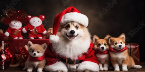 illustration of a cute dog in Santa Claus costume, generative AI