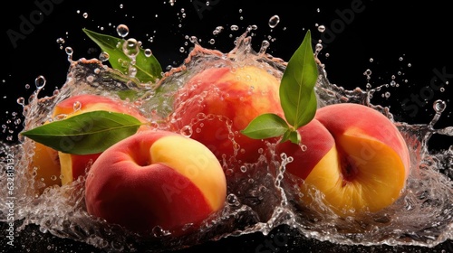 flying fresh peaches hit by water splash on black background and blur