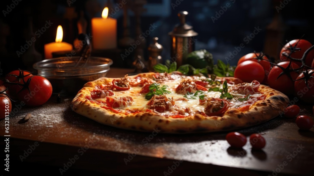 full pizza with vegetables and meat on wooden table with blur background full pizza with vegetables and meat on wooden table with blur background
