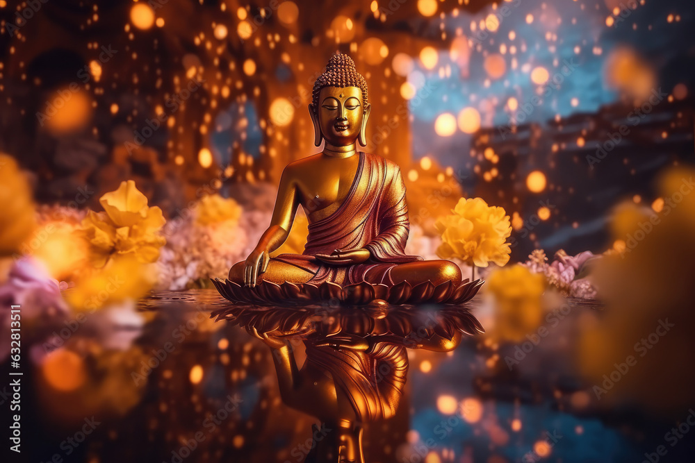 Lotus flowers and gold buddha statue, generative AI	

