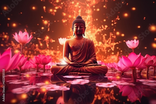 Lotus flowers and gold buddha statue, generative AI 
